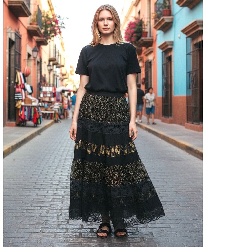 Vintage Cache Maxi Skirt Lacy Black Gold Metallic Elastic Waist Size Medium
